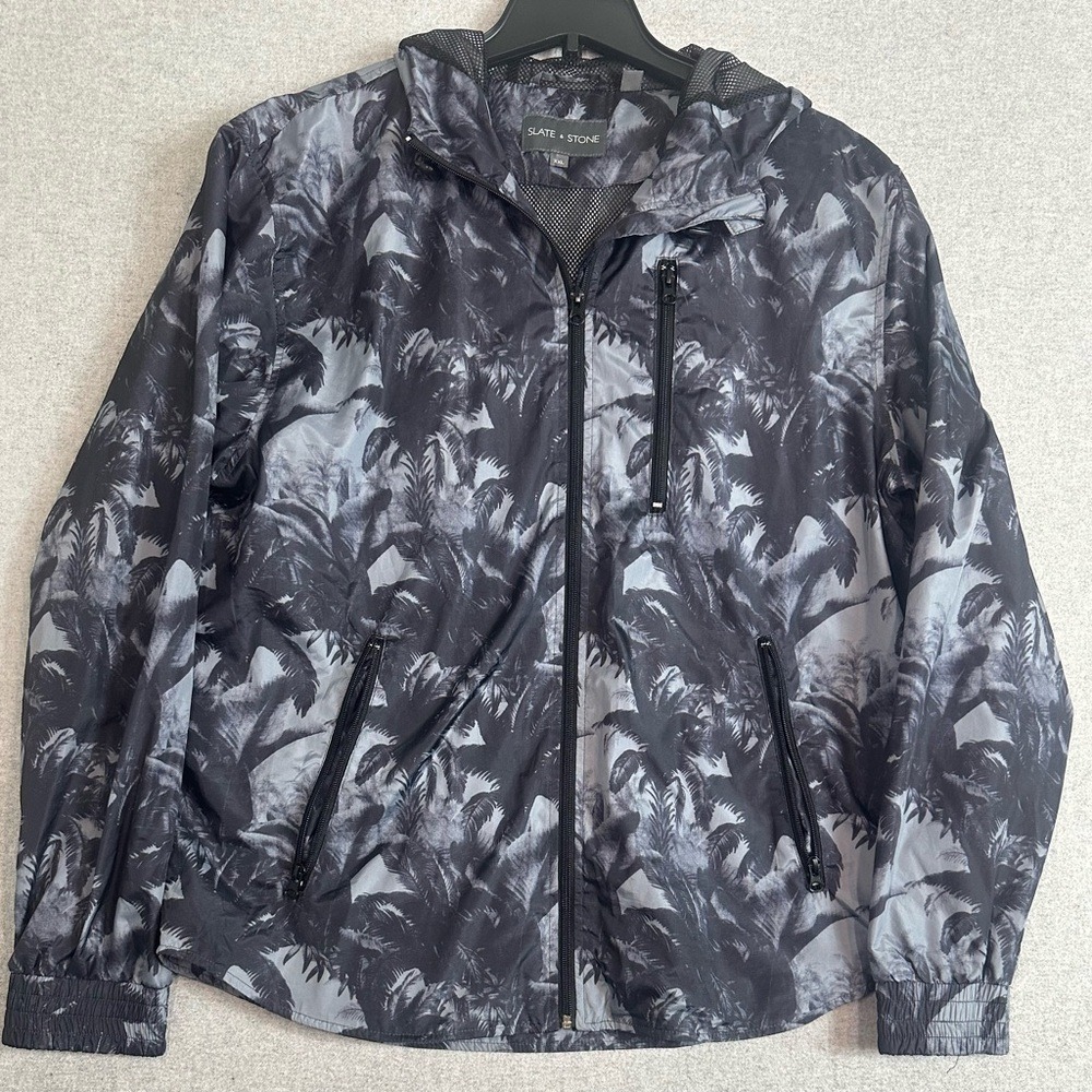Slate Stone Hooded Full Zip Lined Windbreaker Jacket Mens XXL Black Gray